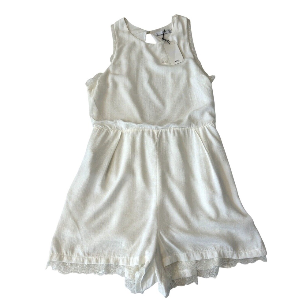 MNG Suit Women's Romper Size M Ivory Sleeveless Lined Lace Trim NEW